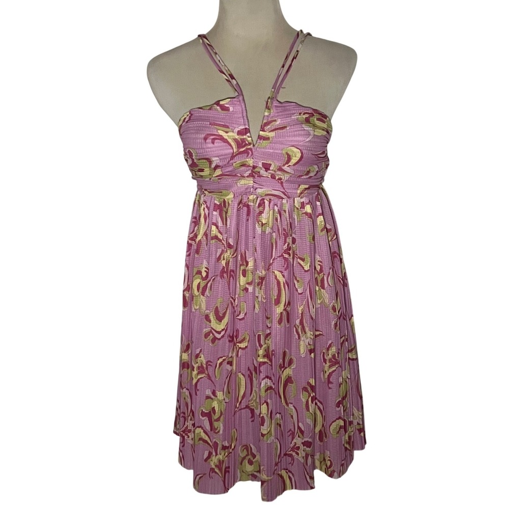 Zara Pleated Mini Dress Womens M Pink Abstract Floral Double Strap NWOT